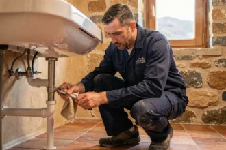 Plombier professionnel en uniforme bleu réparant une canalisation sous un évier dans une maison provençale aux murs en pierre