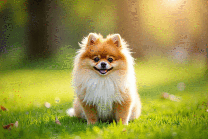 Chien pomeranian orange blanc dans un parc ensoleille