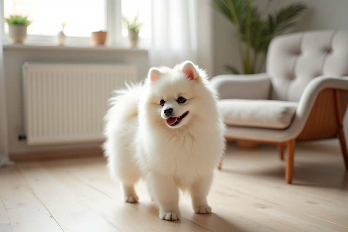 Chiot pomeranian blanc dans une maison lumineuse