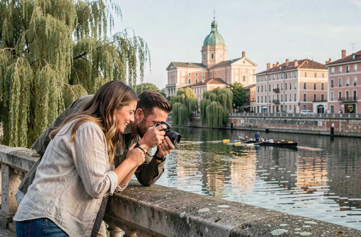 Couple de touristes photographiant la Garonne depuis le Pont Saint-Pierre avec vue sur la coupole de la Grave à Toulouse