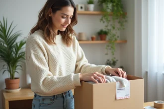 Jeune femme emballant un vêtement dans un colis Vinted à son bureau à domicile