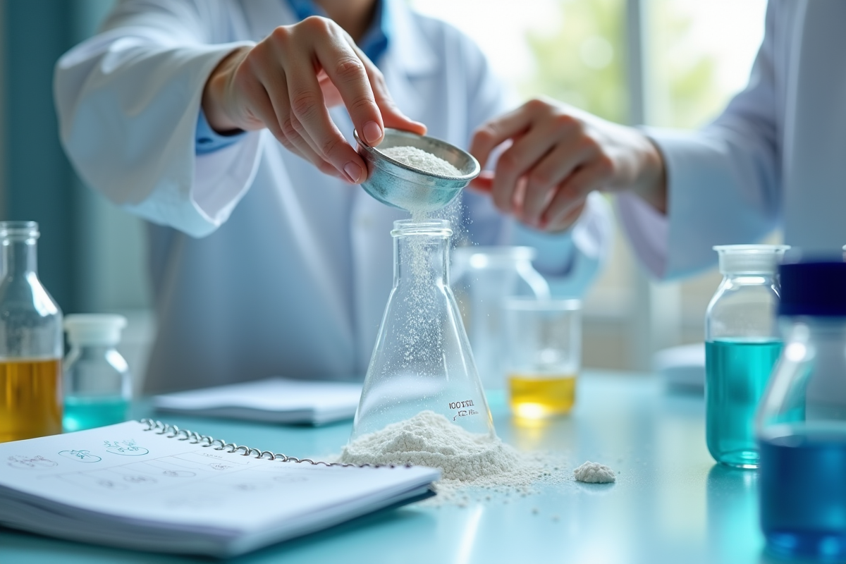 Mains versant poudre blanche dans un bécher en laboratoire avec outils