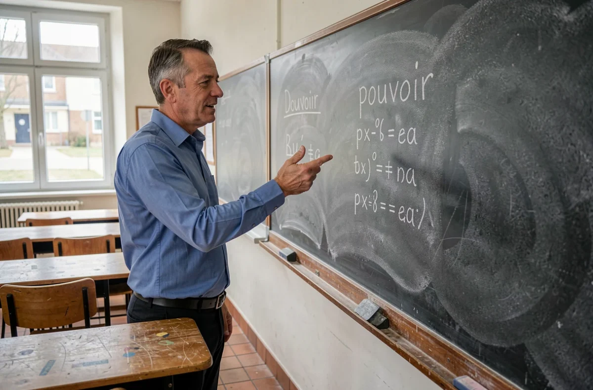 Professeur de français expliquant la conjugaison du verbe pouvoir au présent devant un tableau noir en classe