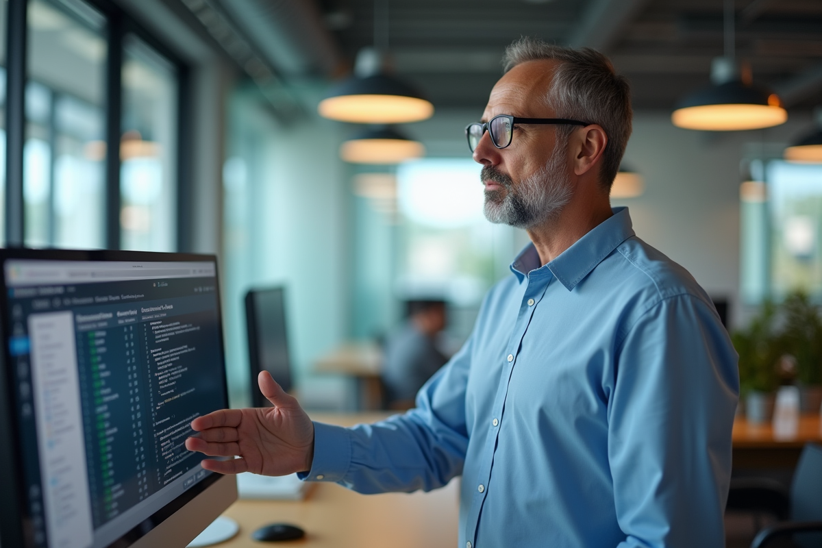 Homme professionnel IT en train de montrer une interface webmail