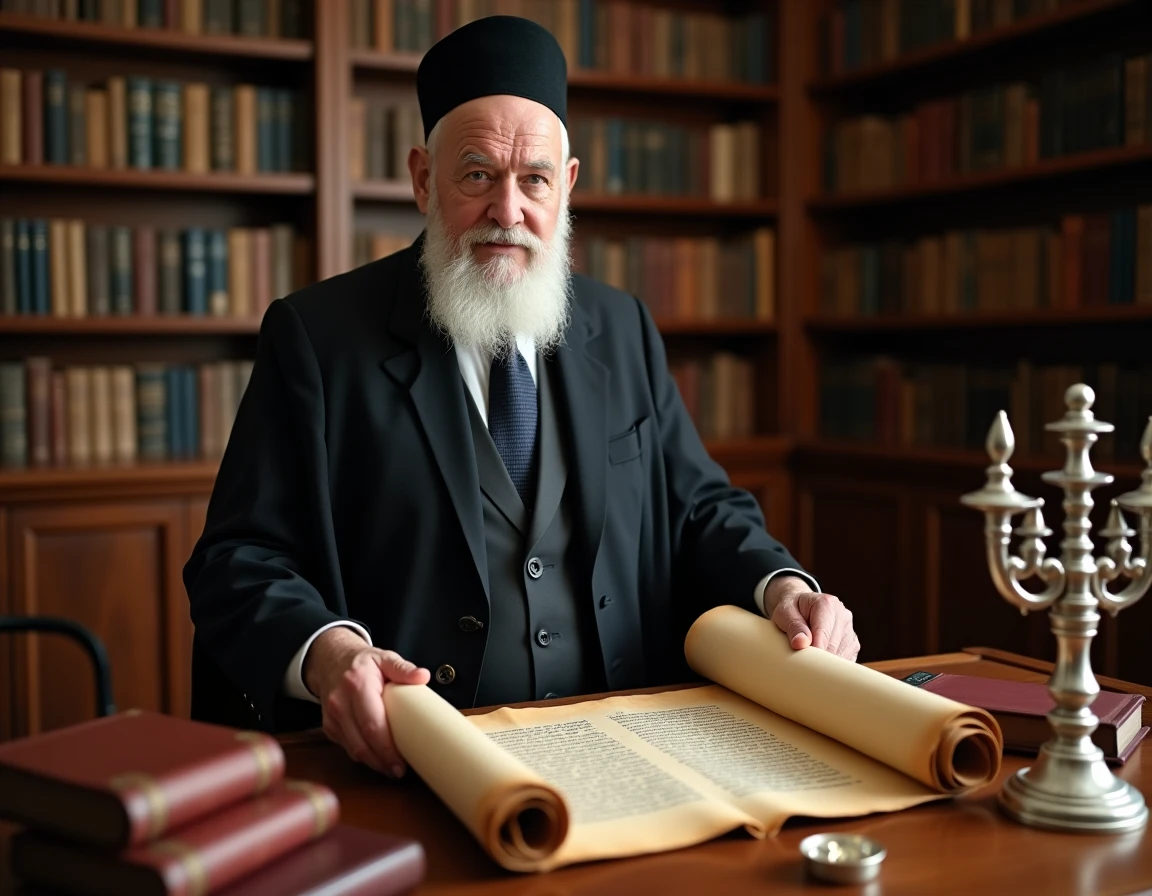 Rabbin tenant un rouleau de Torah ouvert dans une salle d'étude juive avec étagères de livres religieux