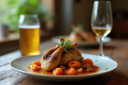 Ragoût de lapin présenté avec cidre pétillant sur table rustique