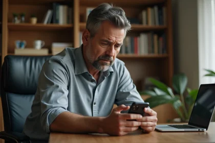 Homme consultant un numéro de téléphone inconnu sur son smartphone, assis à un bureau à domicile, illustrant la recherche d'un indicatif téléphonique inversé