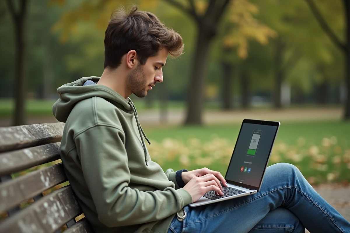 Jeune adulte recherchant un numéro de portable inconnu sur un ordinateur portable en plein air