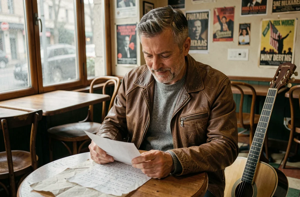 Musicien masculin dans un café français tenant des paroles manuscrites, référence à l'univers autobiographique de Renaud et de la chanson Morgane de toi