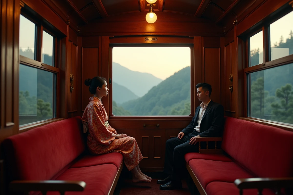 Intérieur d'un wagon de train à vapeur japonais ancien avec un personnage en kimono regardant le paysage de montagne au crépuscule