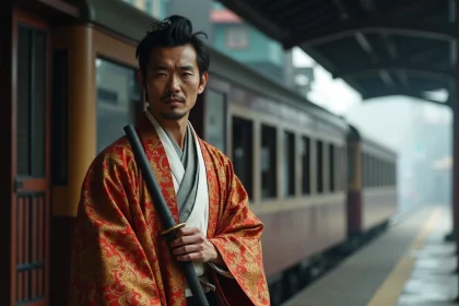 Personnage inspiré de Rengoku en tenue de samouraï traditionnelle sur un quai de gare japonais vintage dans une atmosphère brumeuse