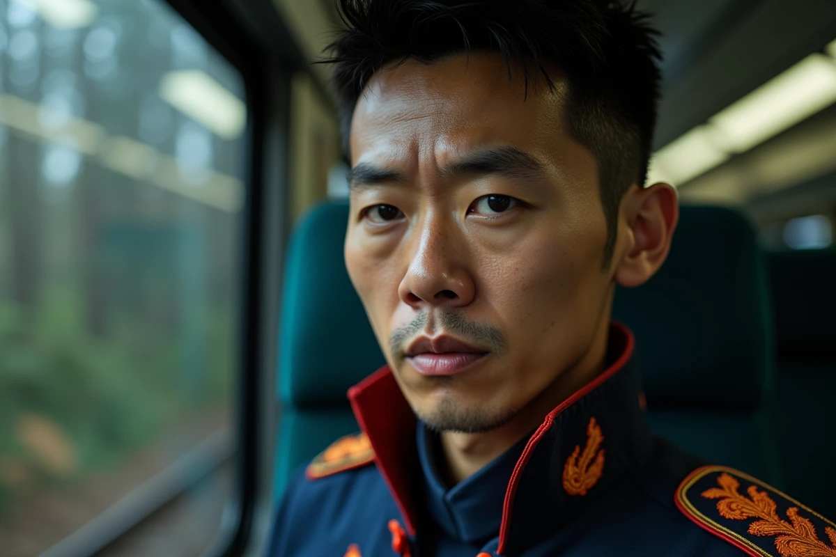 Portrait en gros plan d'un guerrier japonais au regard déterminé portant un vêtement brodé de flammes dans un train en mouvement