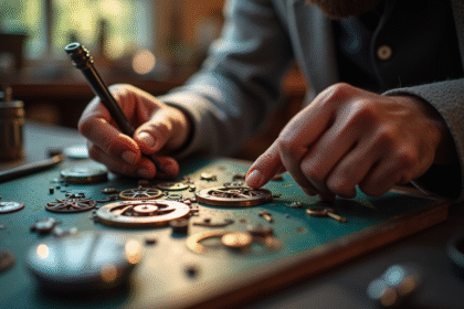 Horloger au travail avec détails de montres
