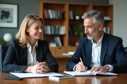 Homme et femme d'affaires discutant en réunion professionnelle