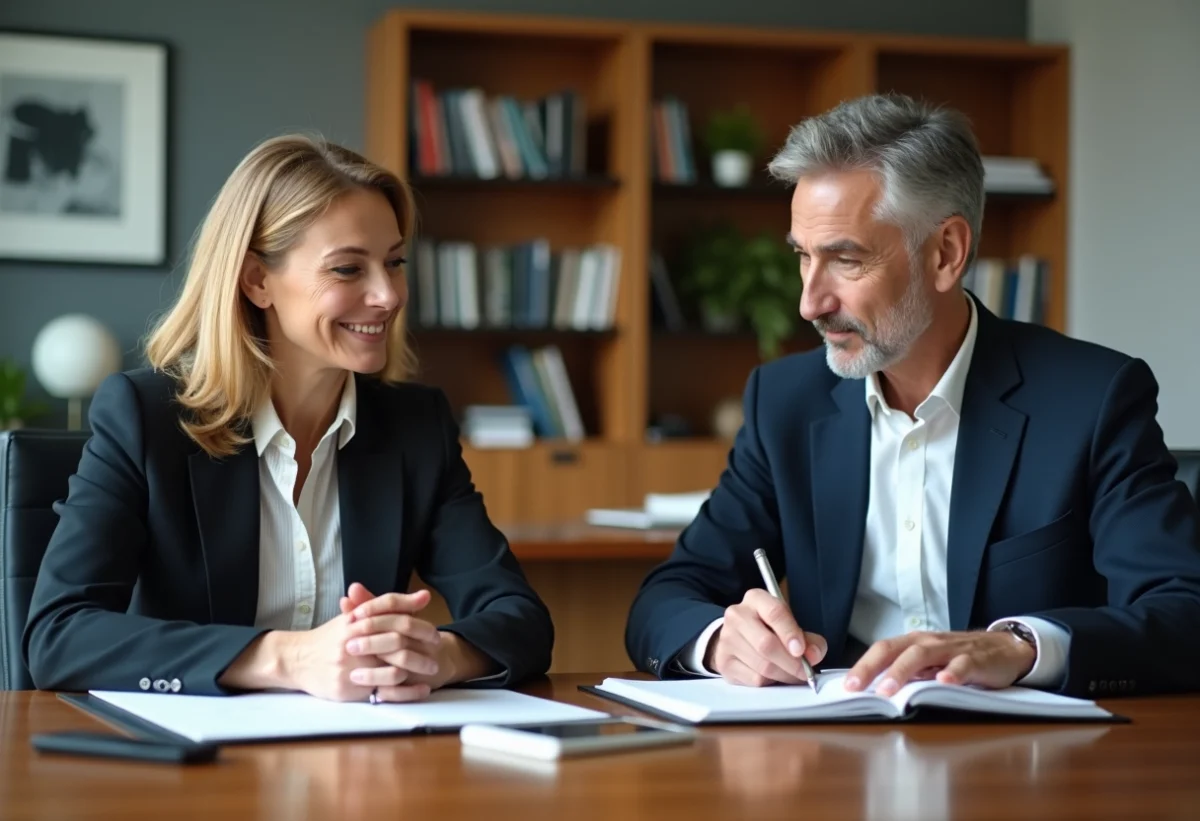 Homme et femme d'affaires discutant en réunion professionnelle
