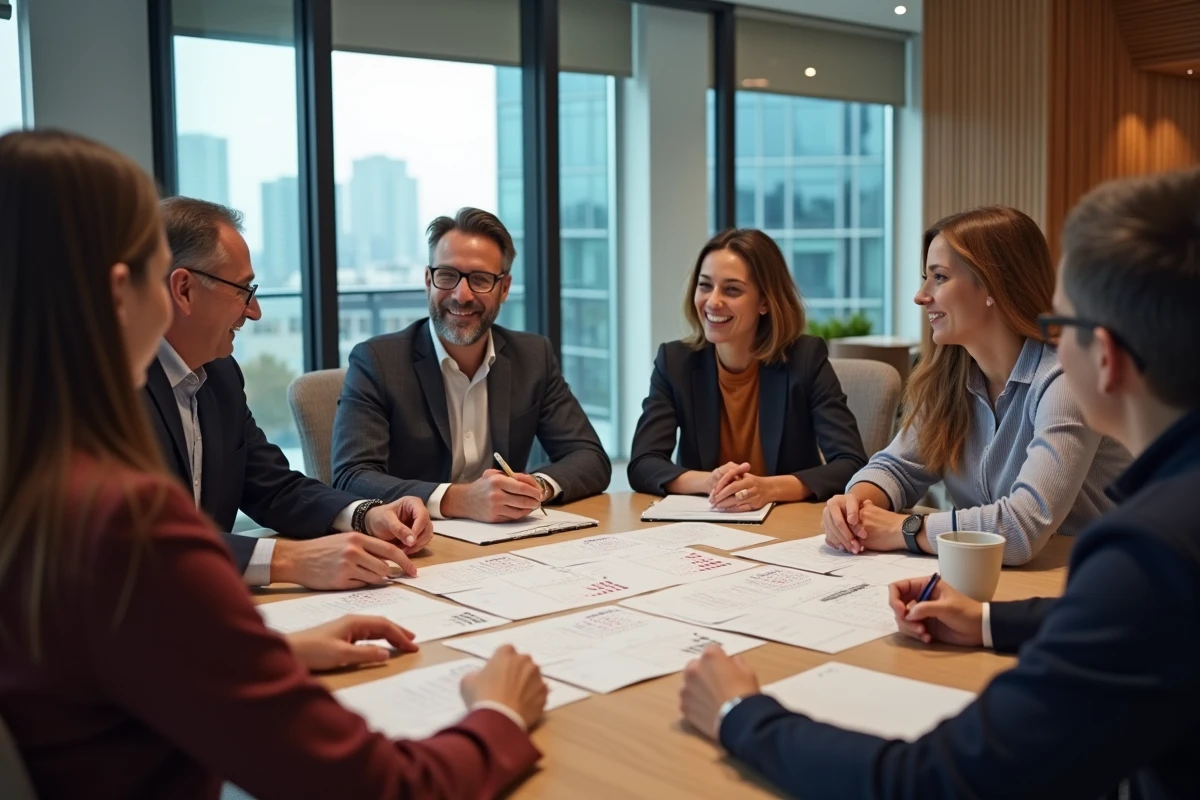 Groupe de collègues lors d une réunion autour d un calendrier
