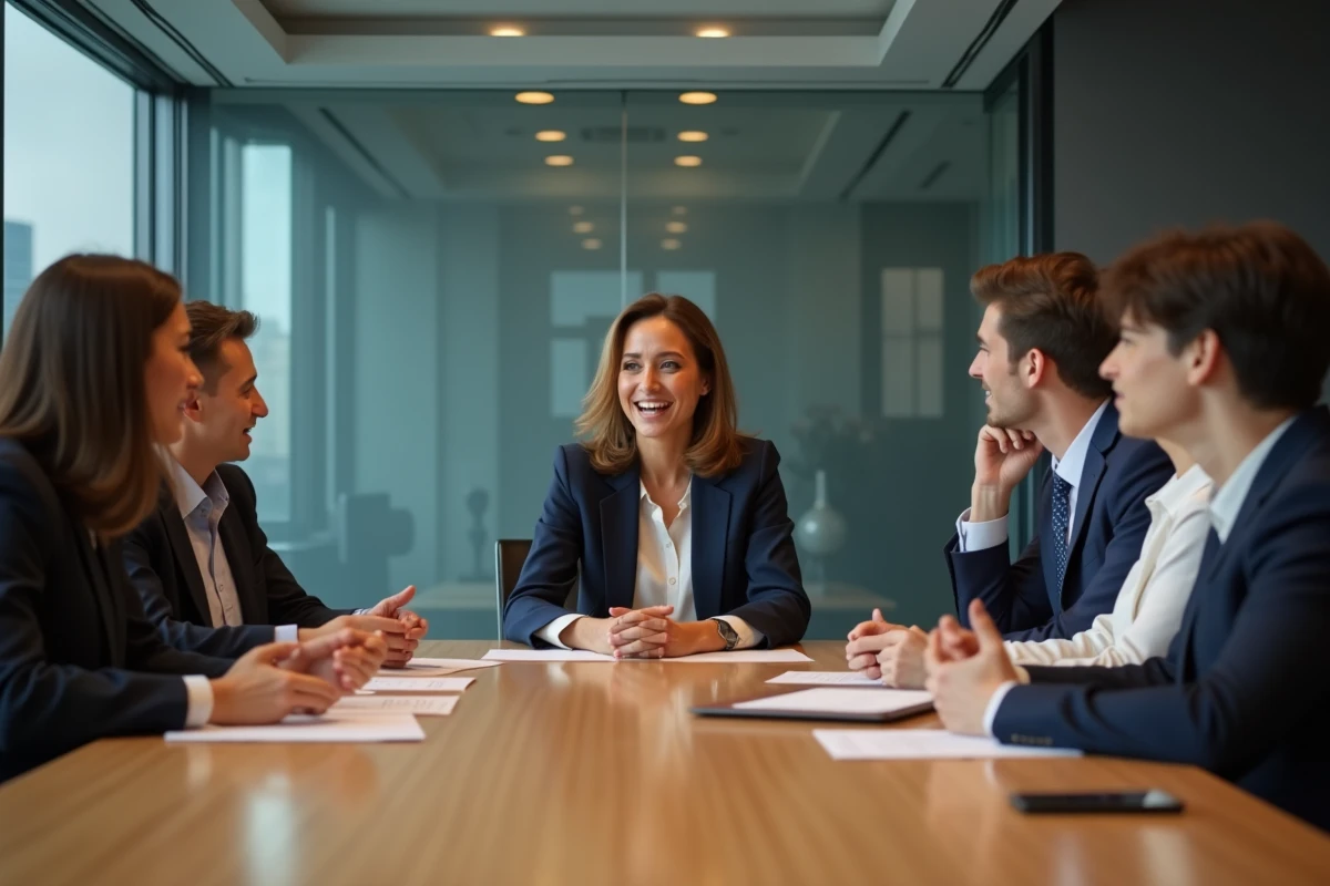 Groupe de professionnels en réunion avec femme ressemblant à Najat