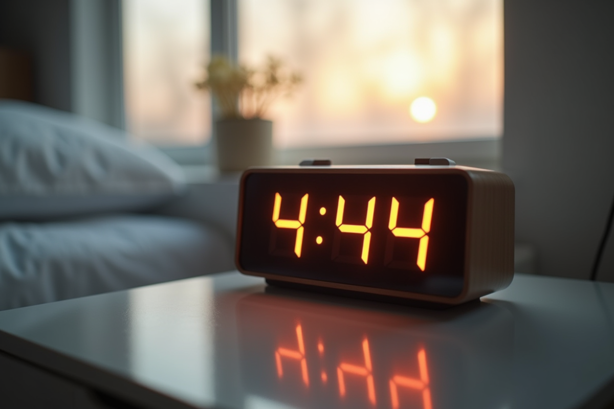Reveil numérique affichant 4h44 au matin dans la lumière douce