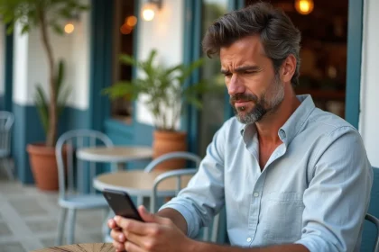 Homme consulte son smartphone avec une notification de roaming sur une terrasse de café à Athènes en Grèce