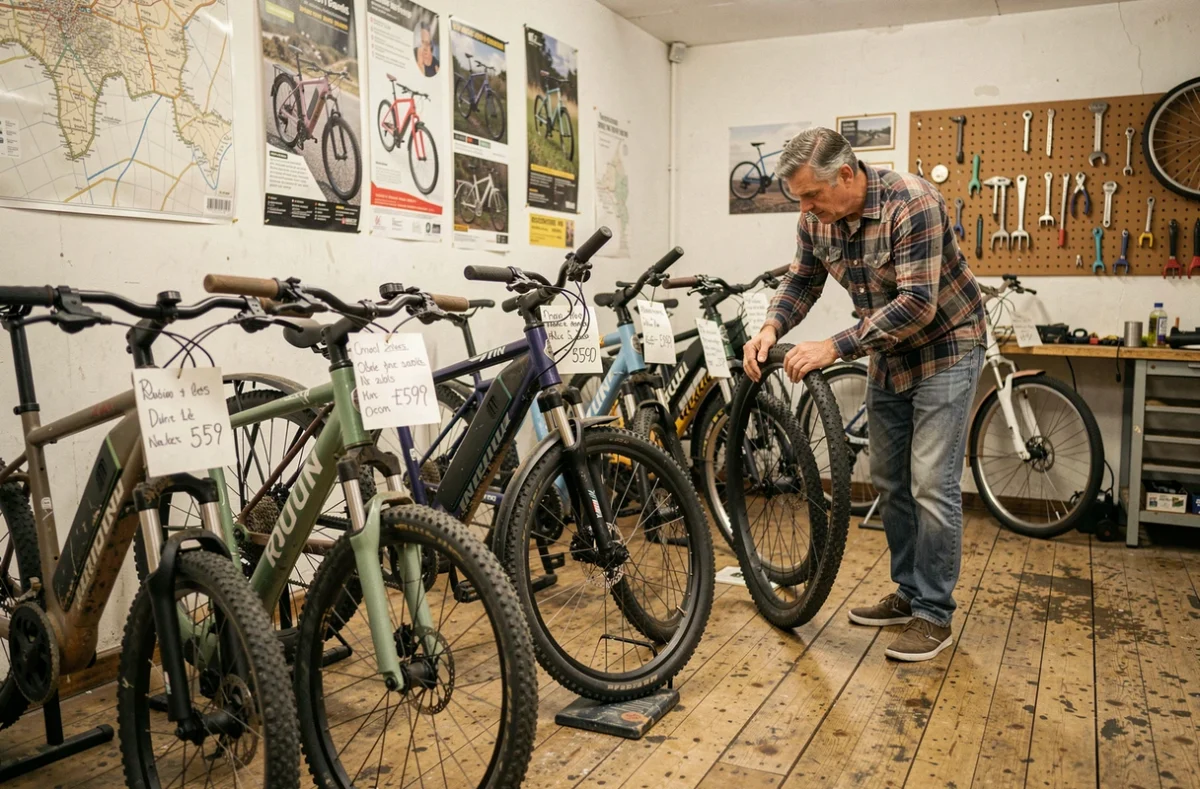 Boutique de vélos électriques d'occasion à Rouen avec des VAE reconditionnés exposés et étiquetés chez Rouen Bike