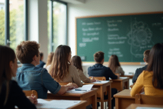 Salle de cours moderne avec étudiants attentifs face au tableau