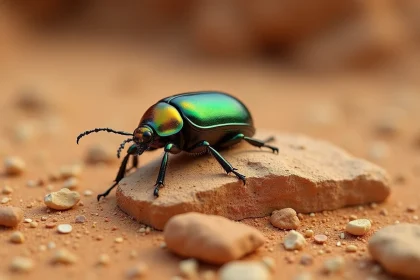 Scarabée iridescent vert reposant sur une pierre de grès weatherisée dans un environnement désertique, symbole spirituel et signe de synchronicité