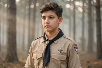 Jeune scout en uniforme Scout Unitaire de France portant la croix et la fleur de lys dans une forêt de pins