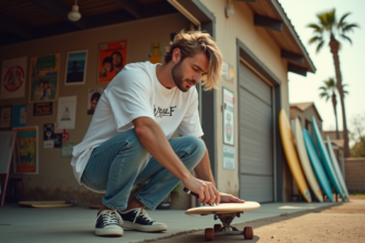 Jeune homme dessinant un logo sur une planche de surf en extérieur