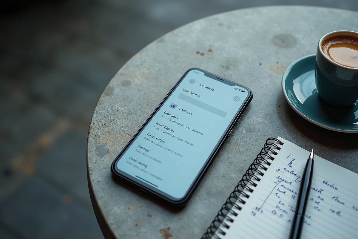 Vue en plongée d'un smartphone affichant une recherche de numéro de téléphone inversé posé sur une table en béton avec un carnet de notes, illustrant une démarche d'identification d'appelant