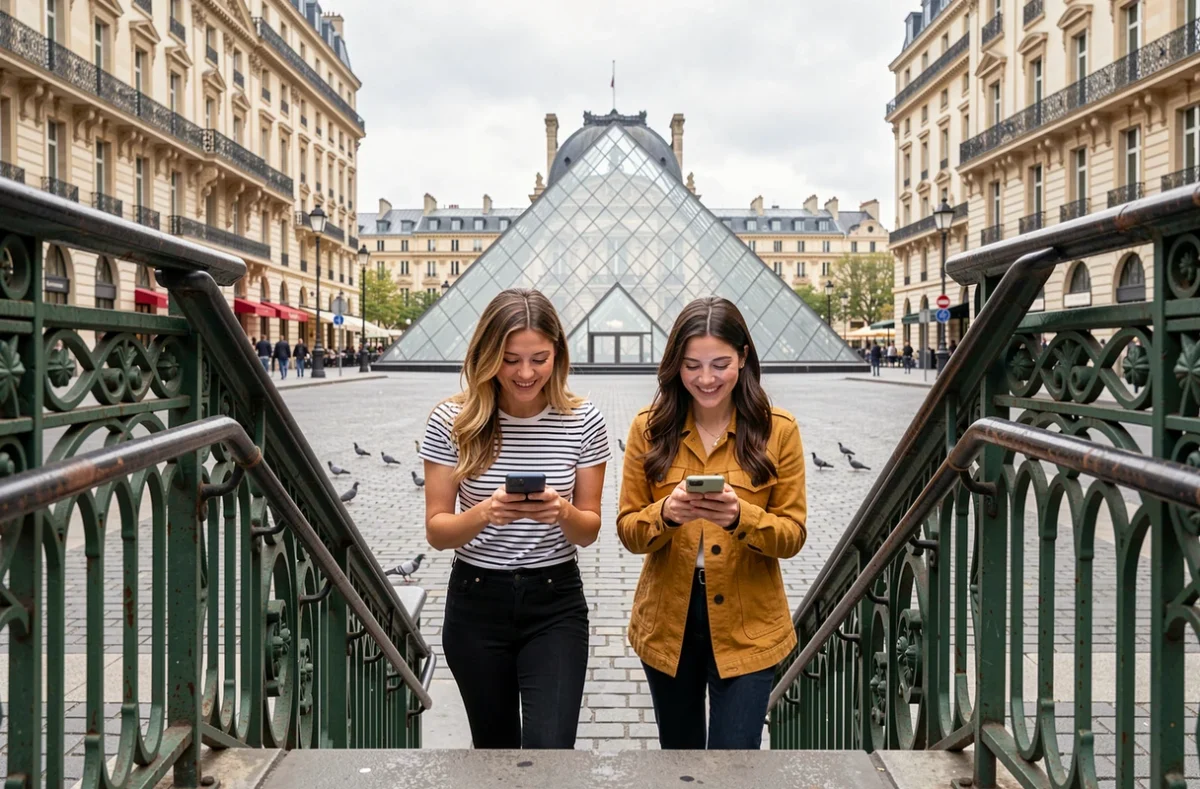 Deux touristes sortant du métro ligne 1 près du Louvre à Paris avec la pyramide en arrière-plan