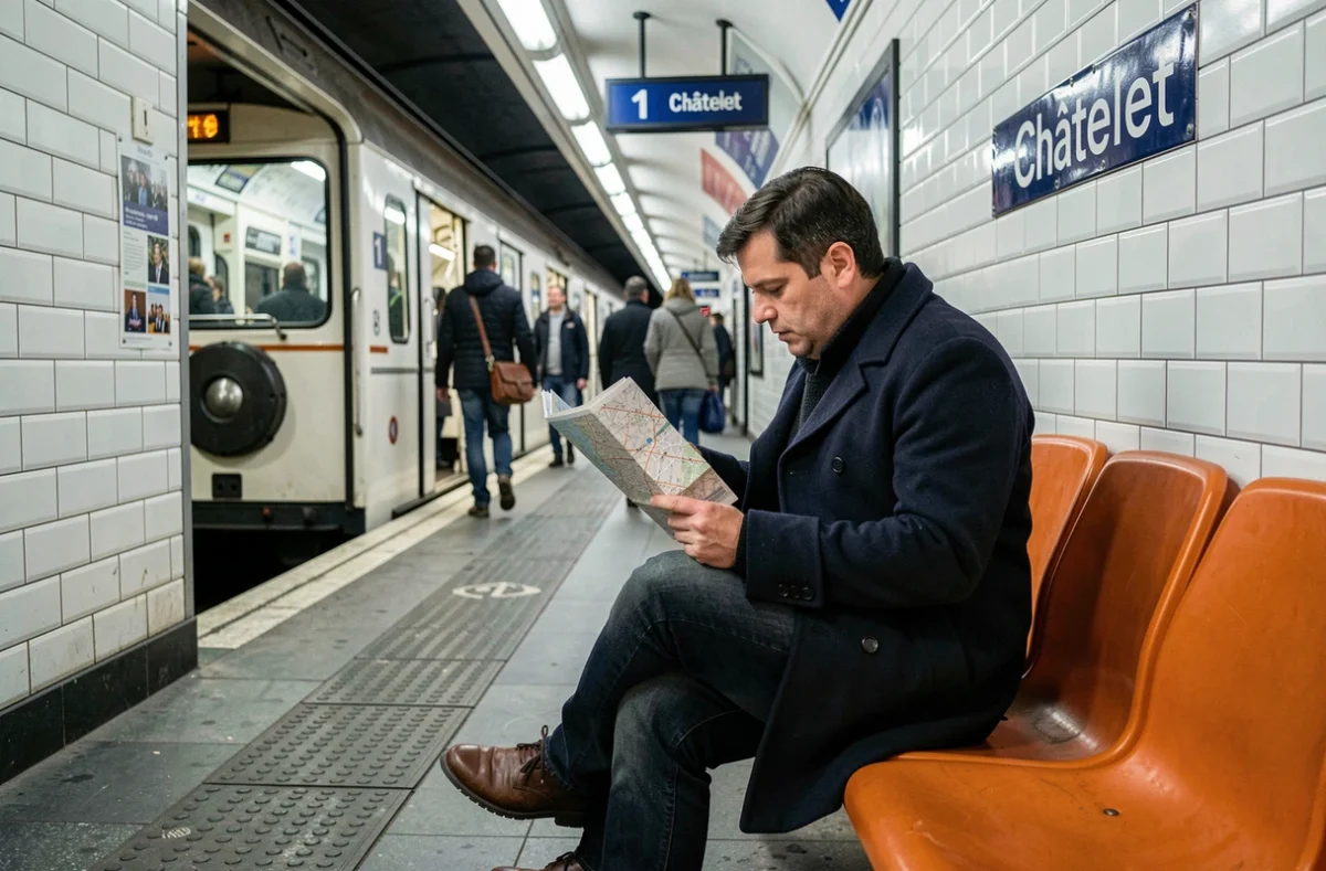 Voyageur consultant un plan du métro à la station Châtelet sur la ligne 1 à Paris