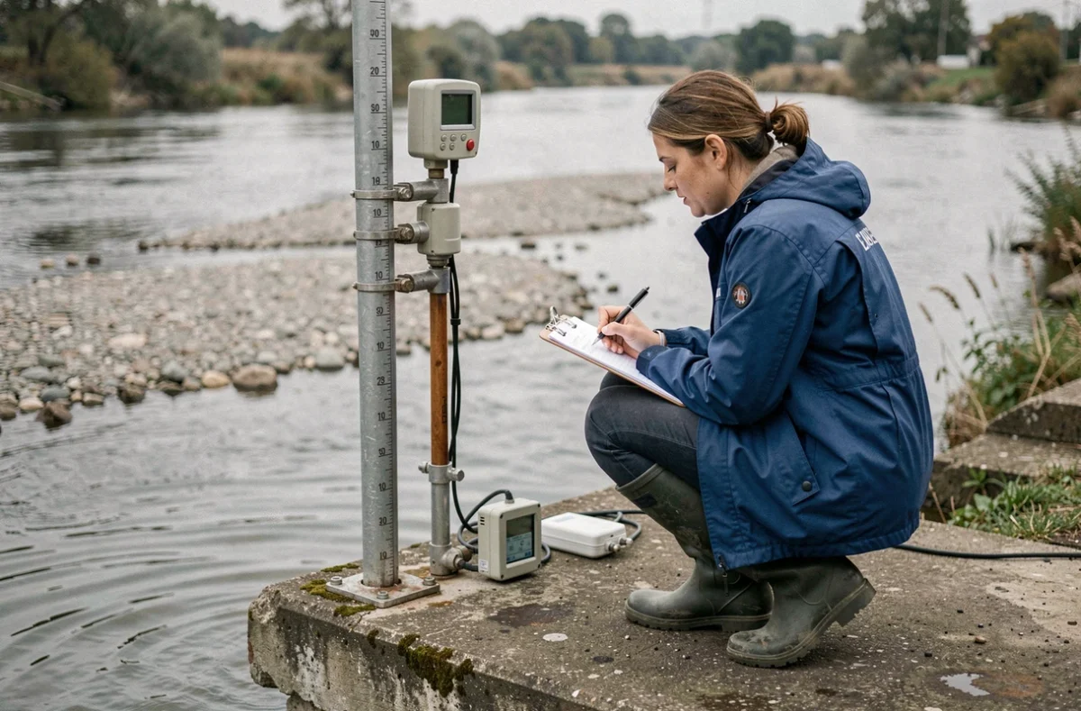 Scientifique mesurant le débit du Danube à une station hydrologique avec un échelle limnimétrique