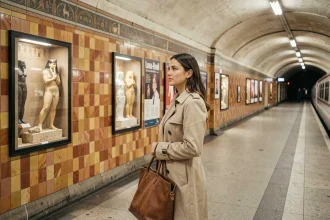 Touriste admirant les décors de la station de métro Louvre-Rivoli sur la ligne 1 à Paris