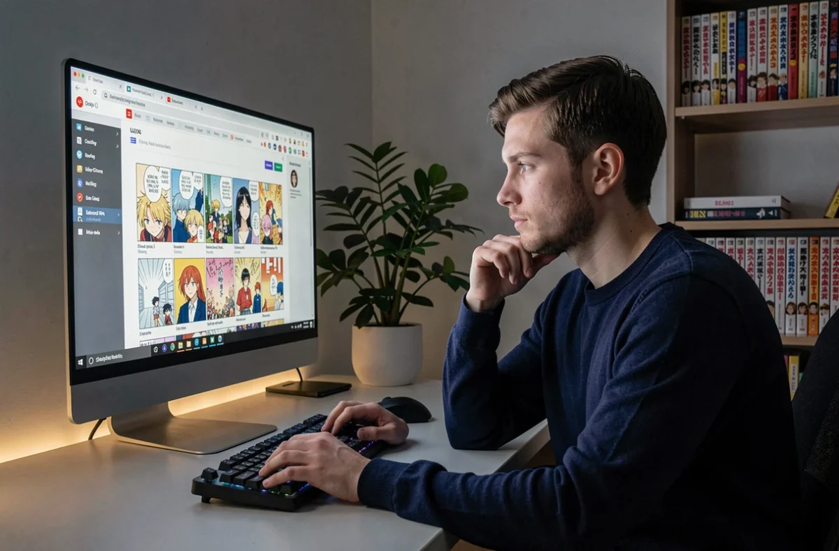 Jeune homme parcourant des sorties de scan yaoi récentes sur un écran d'ordinateur dans un bureau minimaliste
