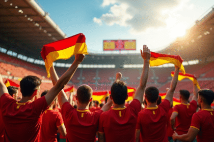 Supporters du RC Lens dans le stade avec écharpes rouges et jaunes