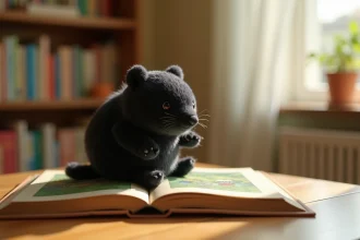 Peluche Tchoupie posée sur une table en bois à côté d'un livre illustré pour enfants, ressemblant à une taupe ronde aux poils noirs veloutés