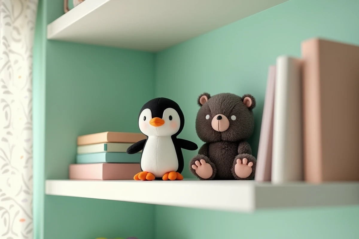 Étagère de chambre d'enfant avec des peluches dont un pingouin et une créature ronde à fourrure noire évoquant Tchoupie, entourées de livres colorés