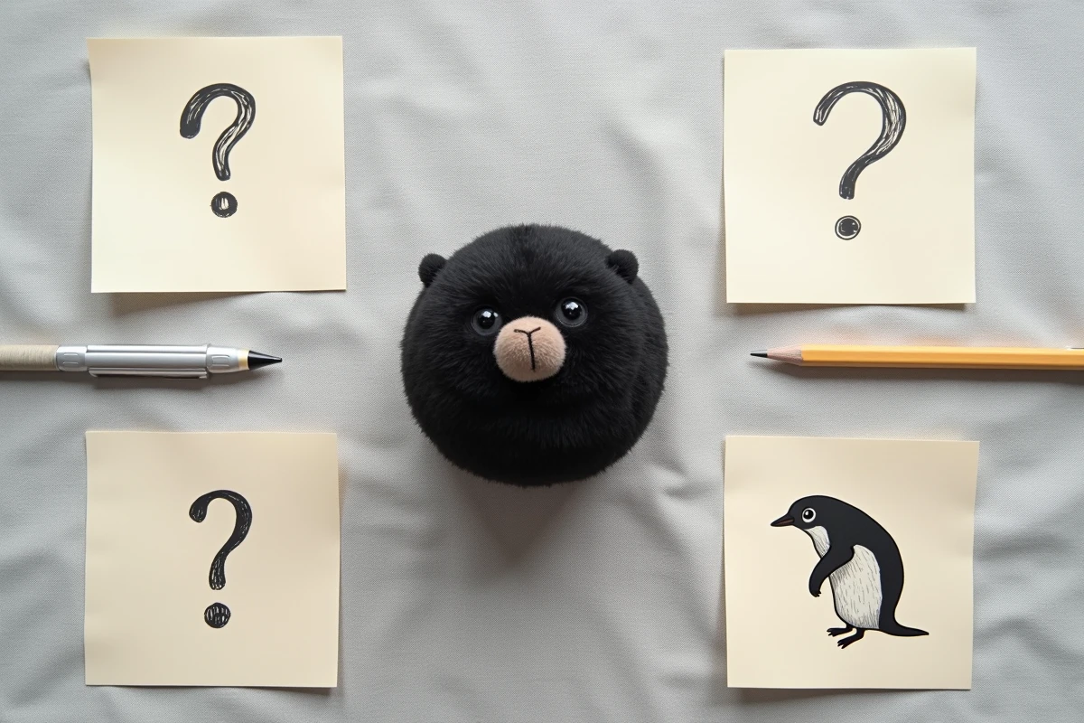 Vue de dessus d'un bureau avec une peluche sombre ronde type Tchoupie entourée de points d'interrogation et d'un guide illustré sur les animaux comme la taupe et le pingouin