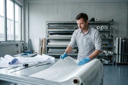 Technicien composite déroulant un tissu de verre sur une table de travail en atelier industriel
