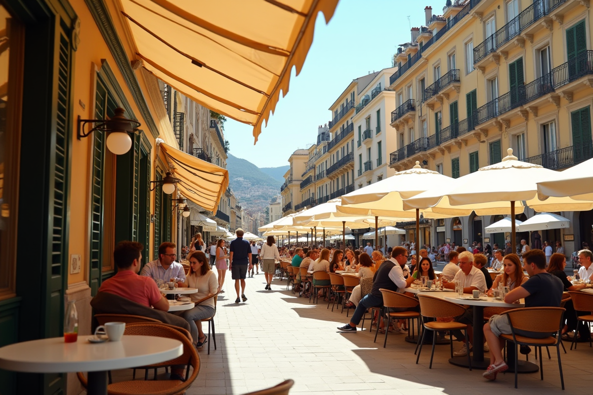 Terrasse de café élégante à Nice avec architecture et ambiance chic
