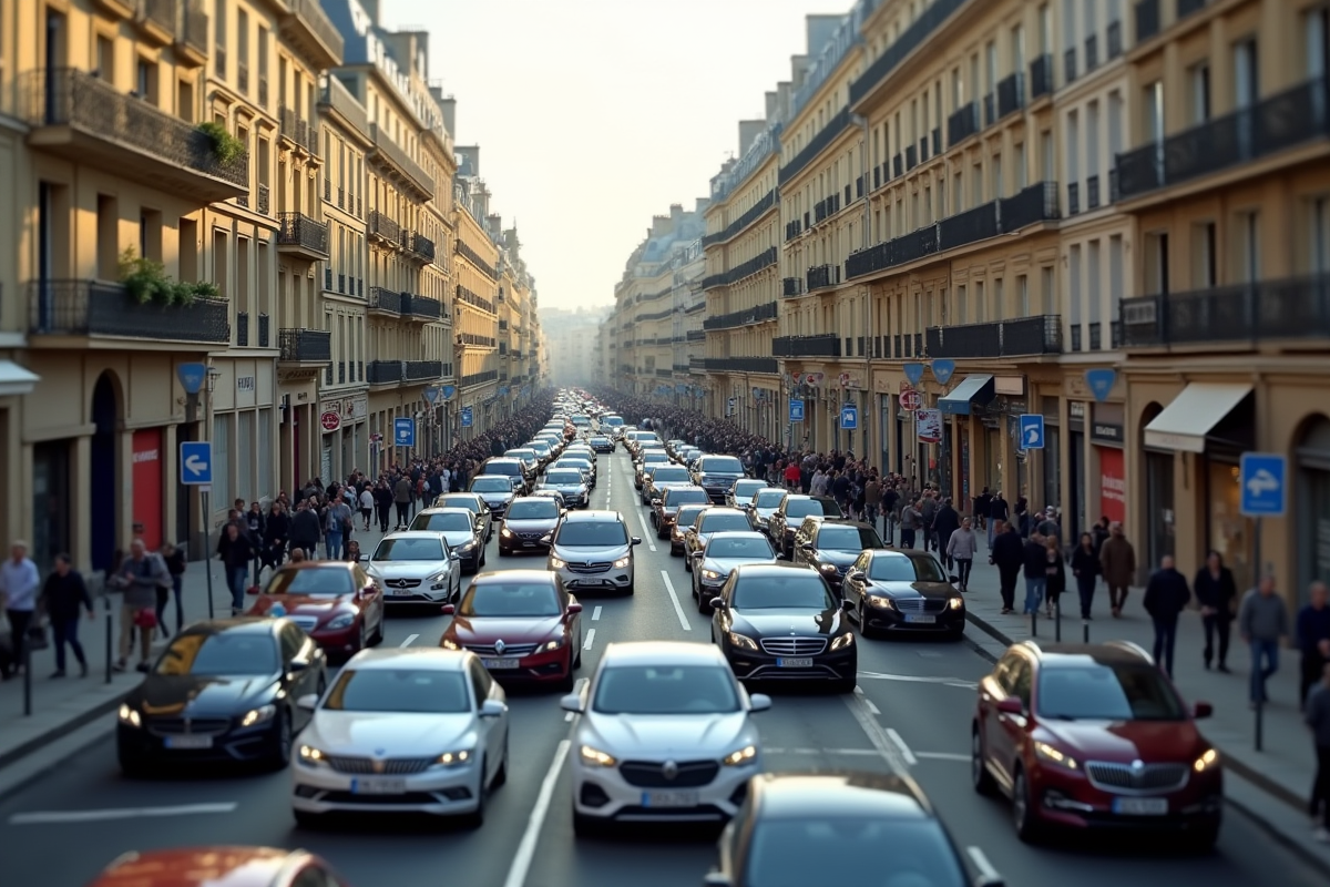 Voitures en circulation dans une rue parisienne avec bâtiments haussmanniens