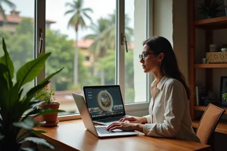 Femme travaillant depuis Cayenne avec deux ordinateurs affichant les fuseaux horaires France métropole et Guyane française
