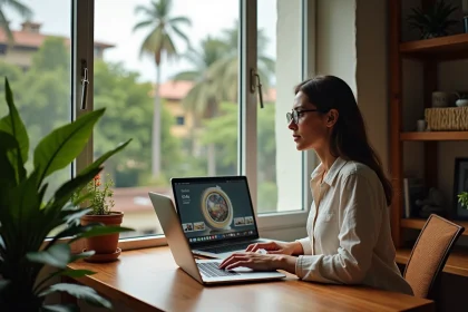 Femme travaillant depuis Cayenne avec deux ordinateurs affichant les fuseaux horaires France métropole et Guyane française