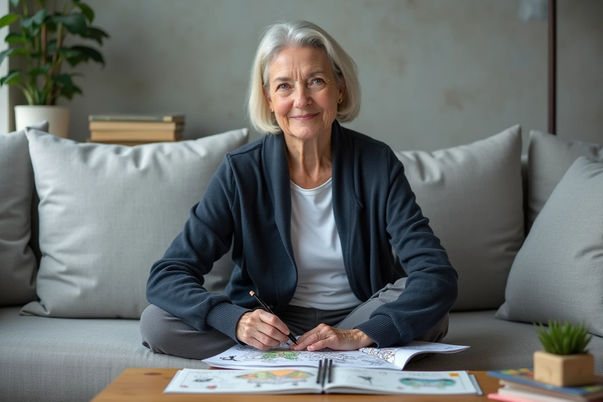 Femme adulte coloriant un livre de coloriage pour adultes sur un canapé, activité manuelle apaisante et anti-stress