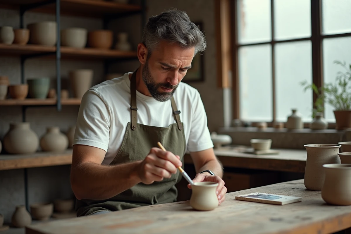 Homme adulte peignant une poterie en céramique dans un atelier créatif, loisir manuel relaxant et anti-stress