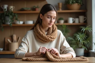 Femme adulte tricotant une écharpe en laine à une table en bois, activité manuelle anti-stress à la maison