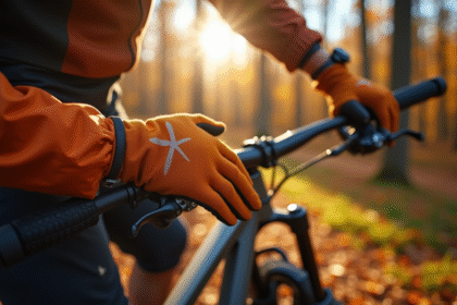 Vélotrotteur ajustant des gants chauffants en forêt automnale