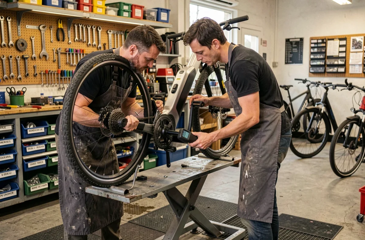Technicien de Vélo Station Rouen effectuant l'entretien et la réparation d'un vélo à assistance électrique en atelier