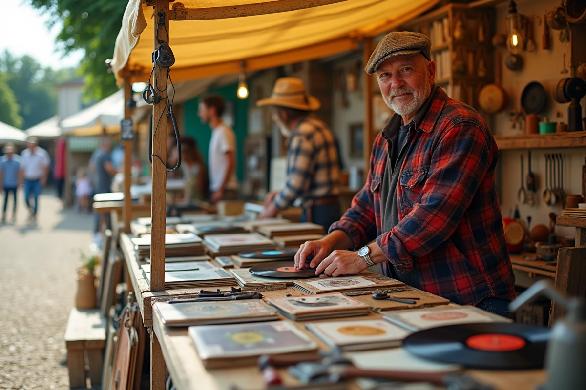 Vendeur rangeant sa table de brocante avec vinyles et objets rétro lors d'un vide grenier en Aveyron