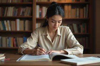 Femme vérifiant l'authenticité d'un magazine Garan Cedore sur un bureau en bois avec des livres de référence